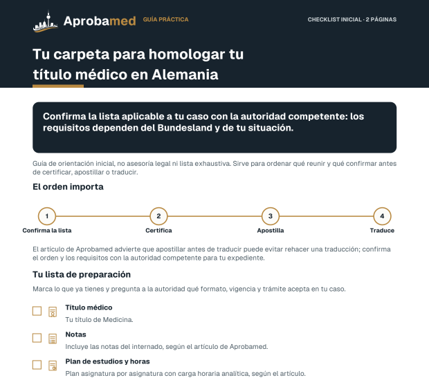 Portada de la checklist: Tu carpeta para homologar tu título médico en Alemania