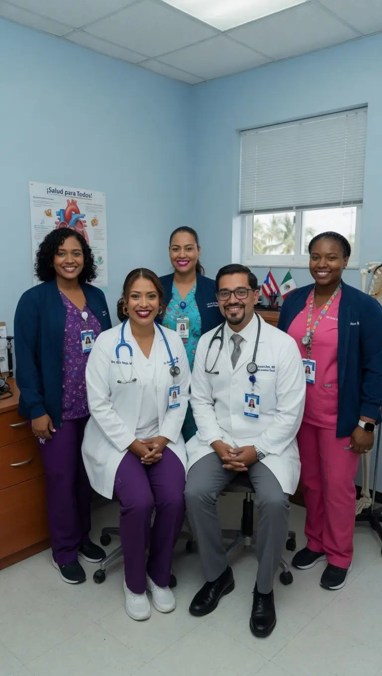 Cinco profesionales sonriendo en un consultorio: dos con bata blanca y fonendoscopio, tres con uniforme de colores