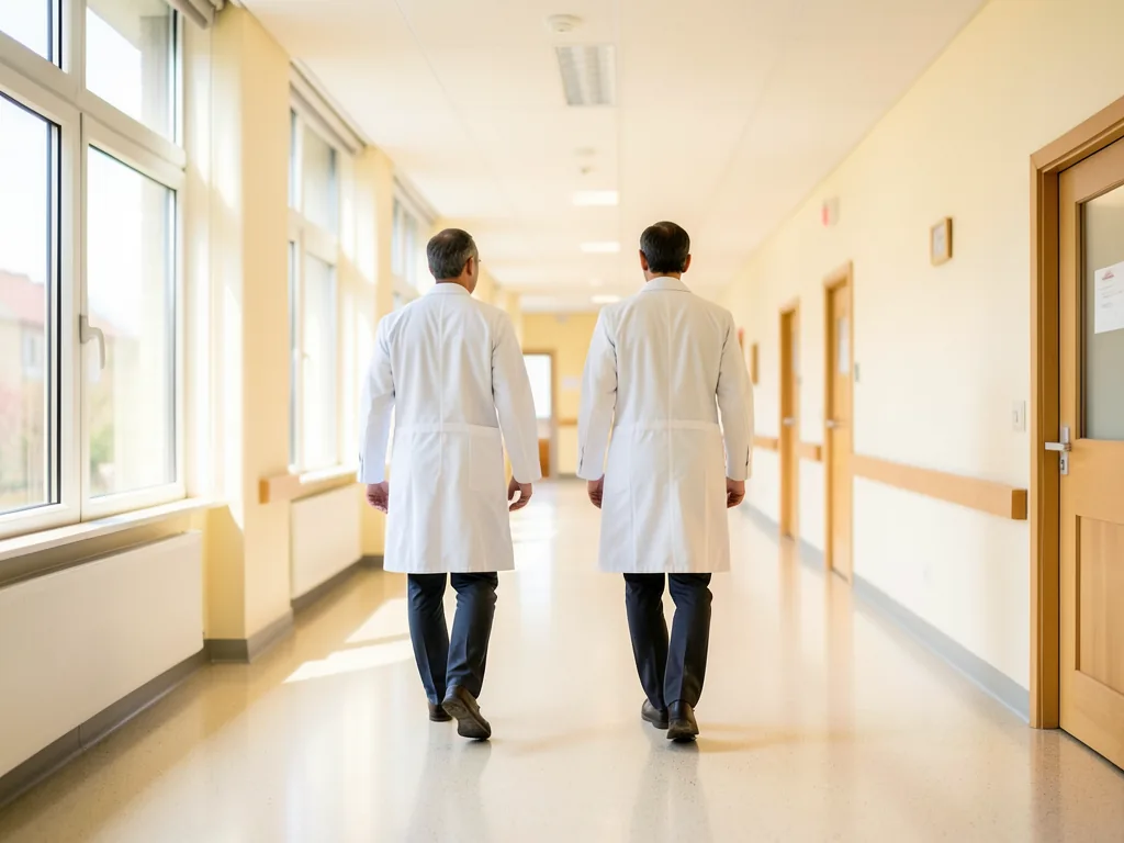 Dos médicos caminando por el pasillo de un hospital