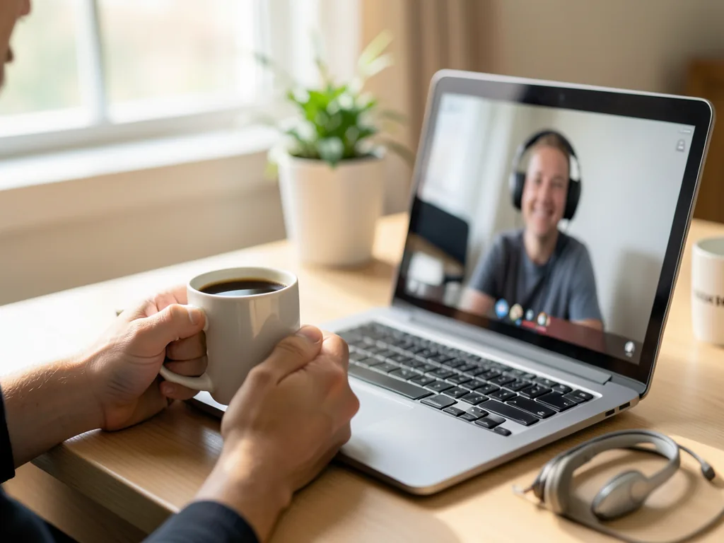 Manos con una taza de café junto a una videollamada