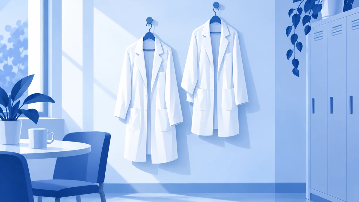 Dos batas blancas colgadas en perchas contiguas en una sala de personal de hospital