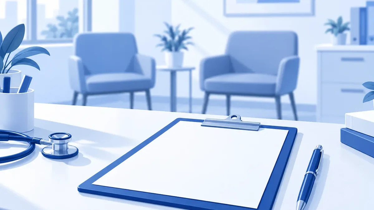 Formulario hospitalario en blanco sobre un escritorio con dos sillas al fondo para los colegas