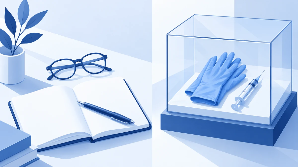 Dos mitades: a un lado un cuaderno con gafas para observar y al otro un guante sellado en una vitrina