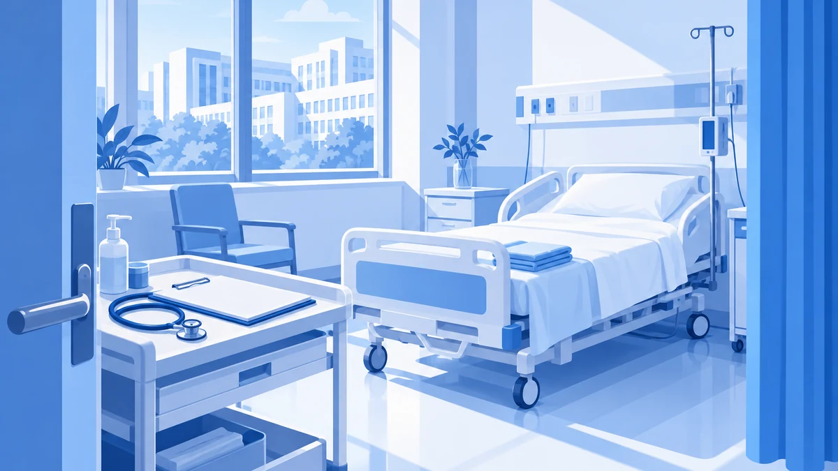 Sala de formación de un hospital universitario con una cama vacía, un carrito y un cuaderno en blanco