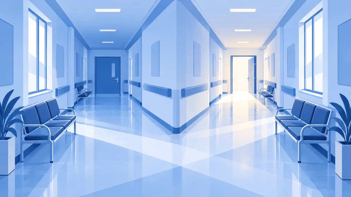 Pasillo de hospital que se divide en dos ramas, una con una puerta abierta y otra con una puerta cerrada