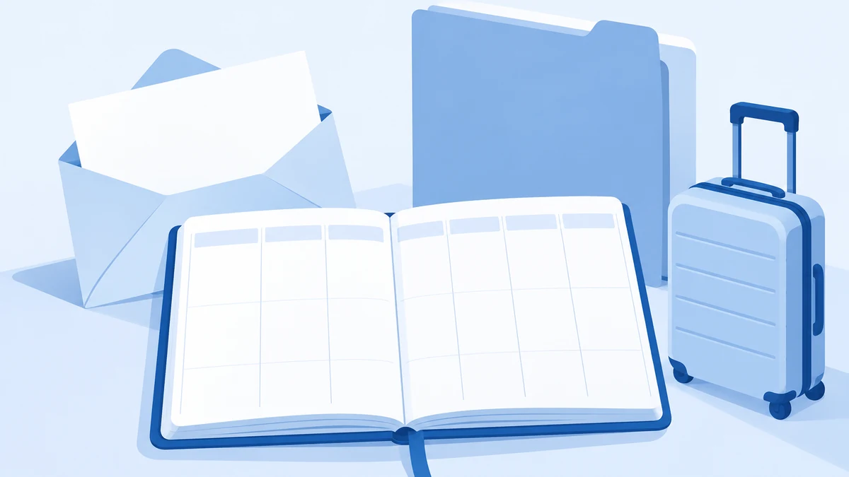 Agenda abierta con una semana vacía, un sobre con una carta en blanco y una maleta pequeña