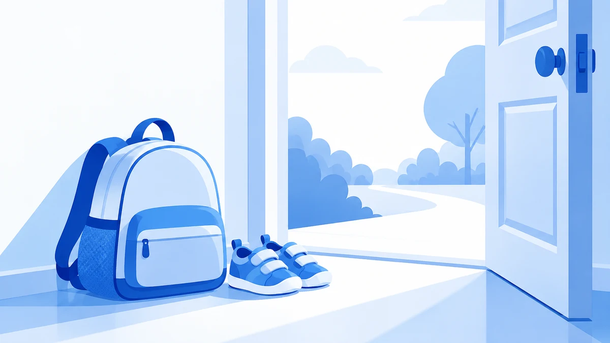 Mochila infantil y zapatos pequeños junto a la puerta abierta de un piso