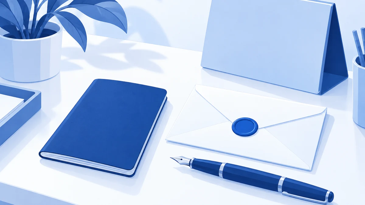 Escritorio ordenado con un pasaporte cerrado, un sobre sellado, una pluma y un calendario de mesa