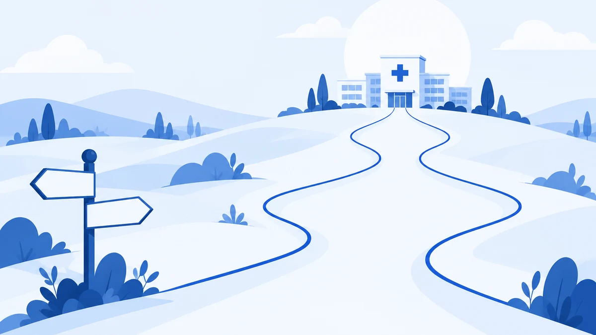 Dos caminos paralelos que se unen ante la silueta de un hospital, con un poste de señales al inicio