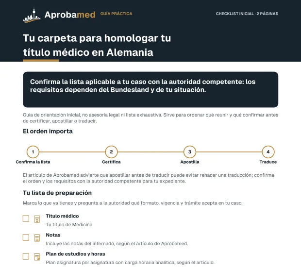 Portada de la checklist: Tu carpeta para homologar tu título médico en Alemania